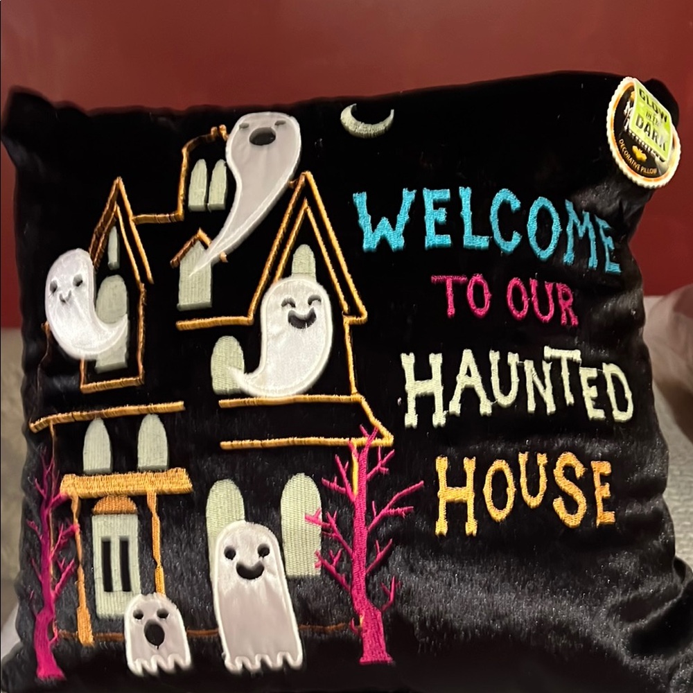Glow-in-the-Dark Haunted House Pillow - Black